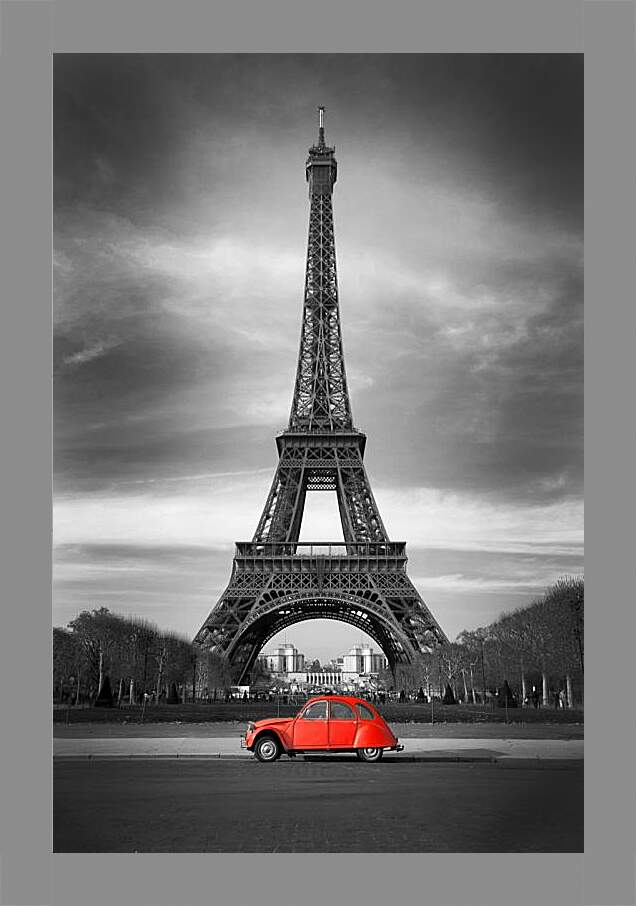 Картина в раме - Красная машина на фоне Эйфелевой башни