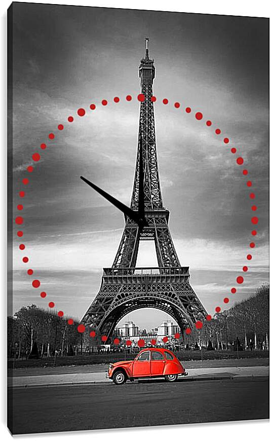 Часы картина - Красная машина на фоне Эйфелевой башни