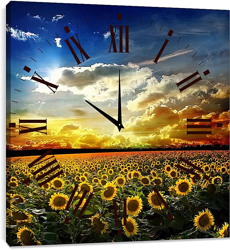 Часы картина - Солнечное небо и поле подсолнухов