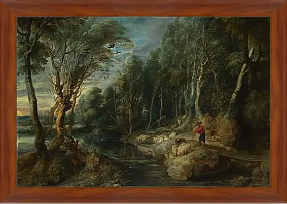 Картина в раме - A Shepherd with his Flock in a Woody Landscape. Питер Пауль Рубенс