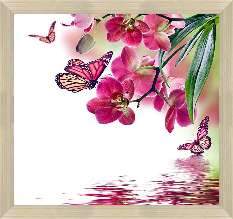 Картина в раме - Розовые бабочки и орхидеи