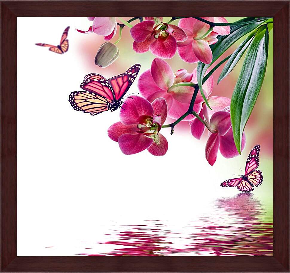 Картина в раме - Розовые бабочки и орхидеи