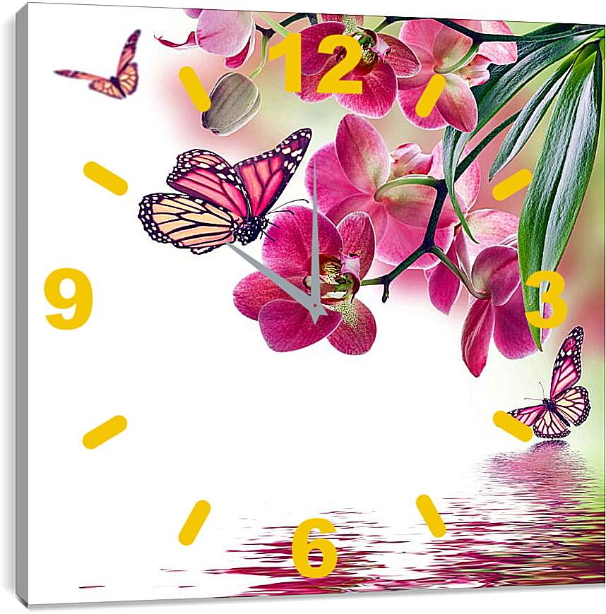 Часы картина - Розовые бабочки и орхидеи