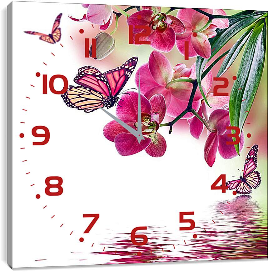 Часы картина - Розовые бабочки и орхидеи