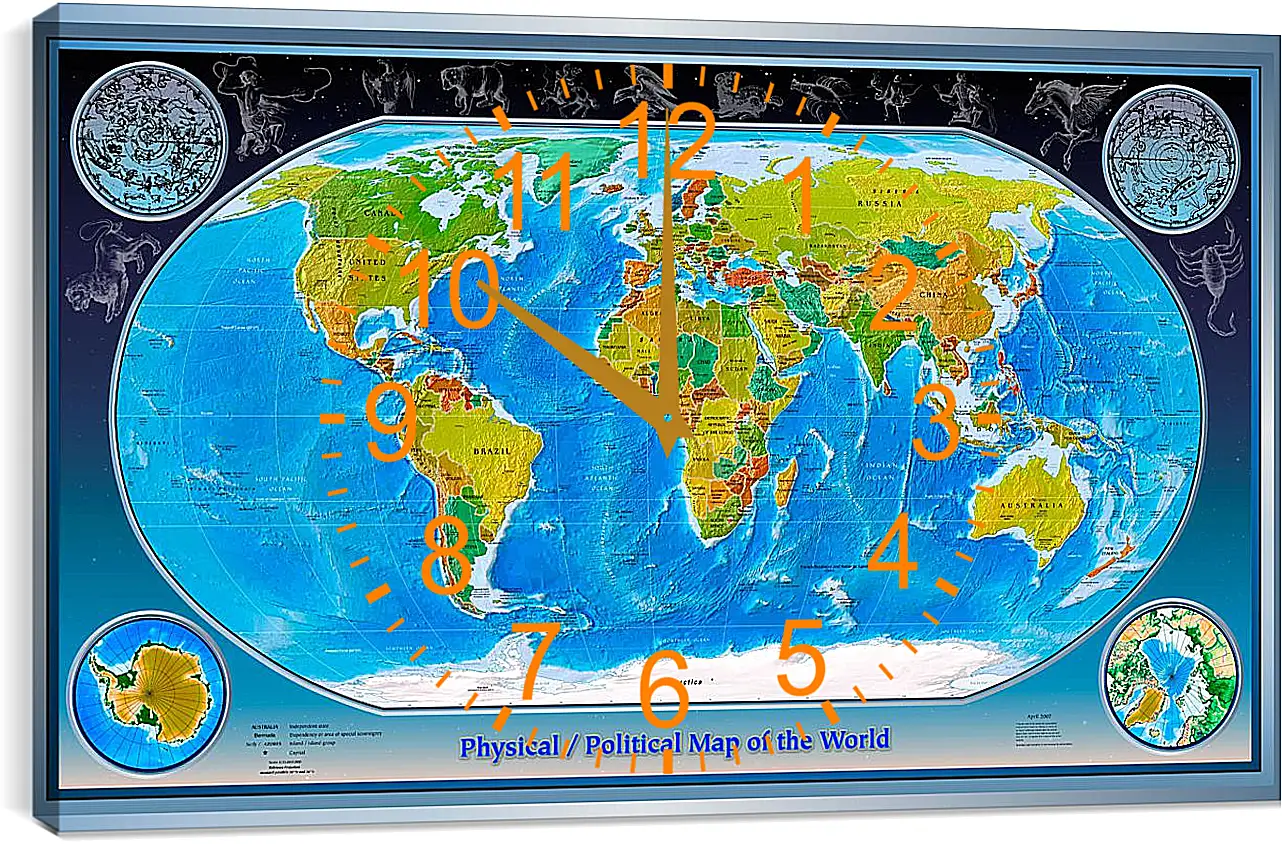 Часы картина - Физико-политическая карта мира