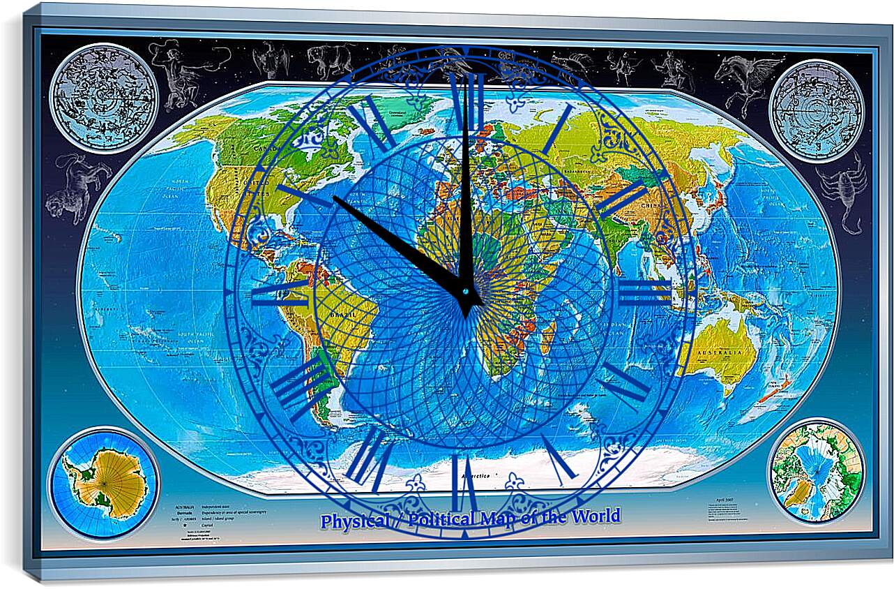 Часы картина - Физико-политическая карта мира