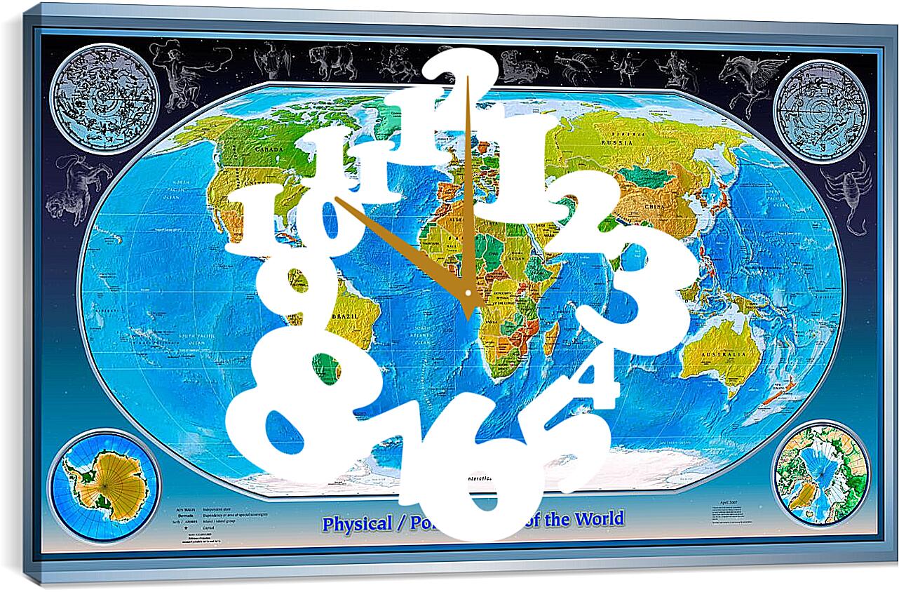 Часы картина - Физико-политическая карта мира