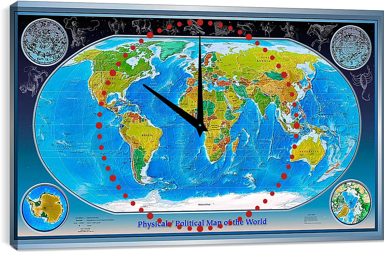 Часы картина - Физико-политическая карта мира