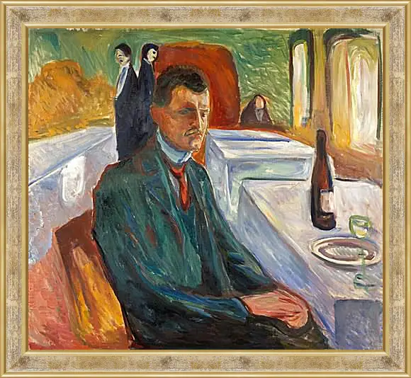 Картина в раме - Self-Portrait with a Bottle of Wine. Эдвард Мунк