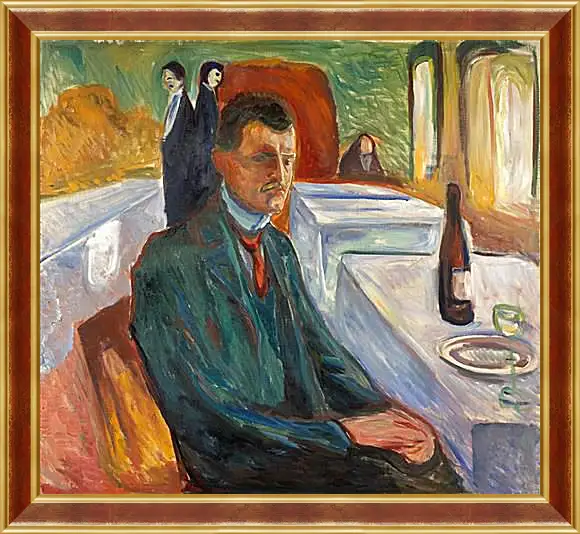 Картина в раме - Self-Portrait with a Bottle of Wine. Эдвард Мунк