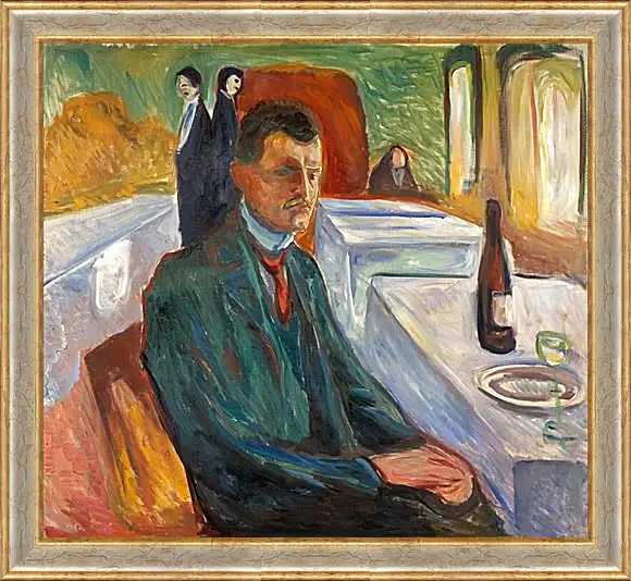 Картина в раме - Self-Portrait with a Bottle of Wine. Эдвард Мунк