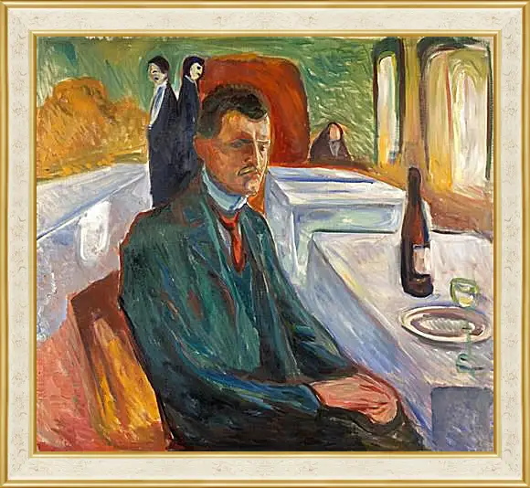 Картина в раме - Self-Portrait with a Bottle of Wine. Эдвард Мунк