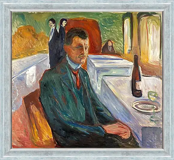 Картина в раме - Self-Portrait with a Bottle of Wine. Эдвард Мунк