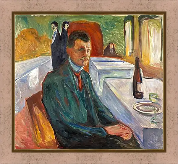 Картина в раме - Self-Portrait with a Bottle of Wine. Эдвард Мунк