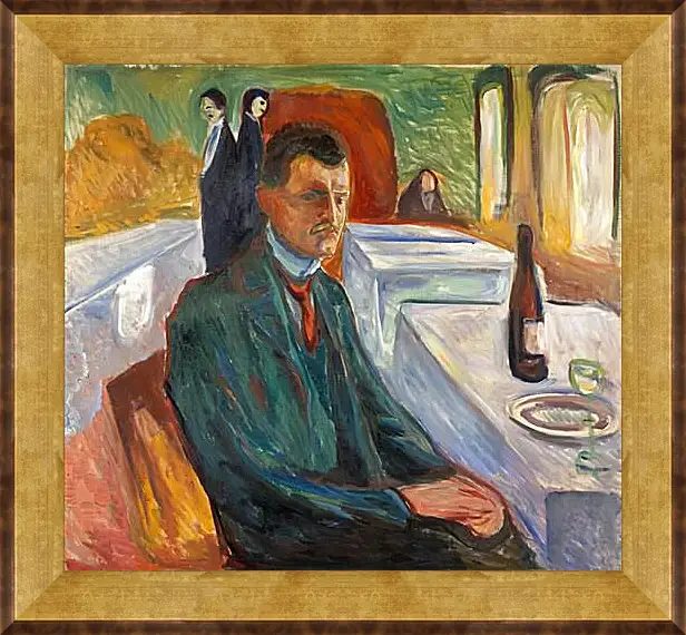 Картина в раме - Self-Portrait with a Bottle of Wine. Эдвард Мунк