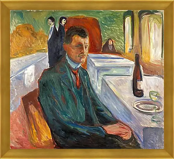 Картина в раме - Self-Portrait with a Bottle of Wine. Эдвард Мунк