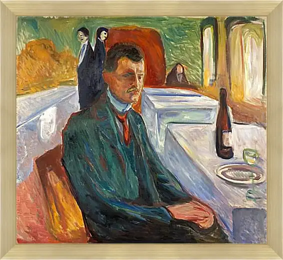 Картина в раме - Self-Portrait with a Bottle of Wine. Эдвард Мунк