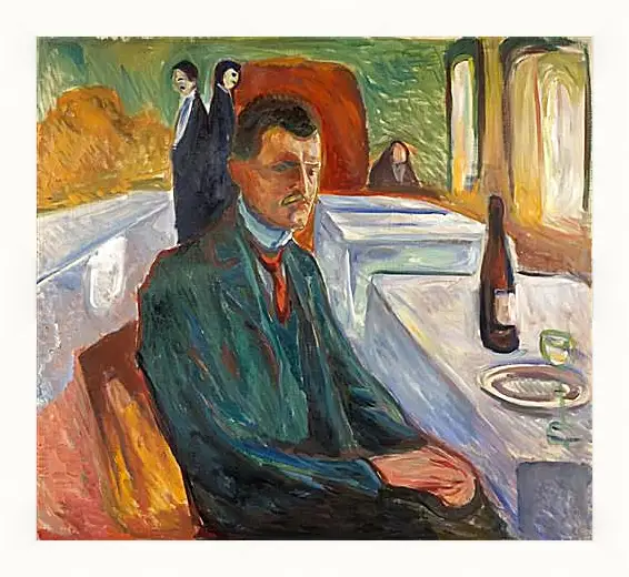 Картина в раме - Self-Portrait with a Bottle of Wine. Эдвард Мунк