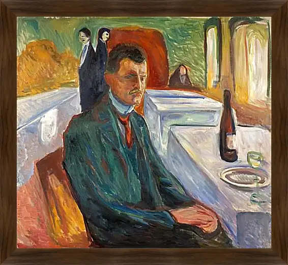 Картина в раме - Self-Portrait with a Bottle of Wine. Эдвард Мунк