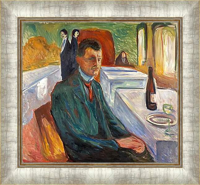 Картина в раме - Self-Portrait with a Bottle of Wine. Эдвард Мунк