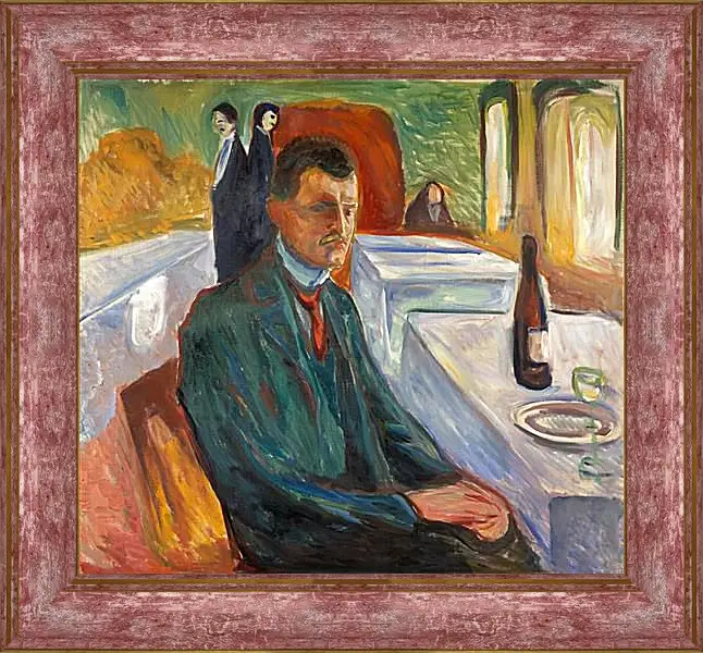 Картина в раме - Self-Portrait with a Bottle of Wine. Эдвард Мунк