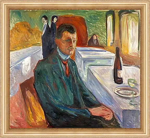 Картина в раме - Self-Portrait with a Bottle of Wine. Эдвард Мунк