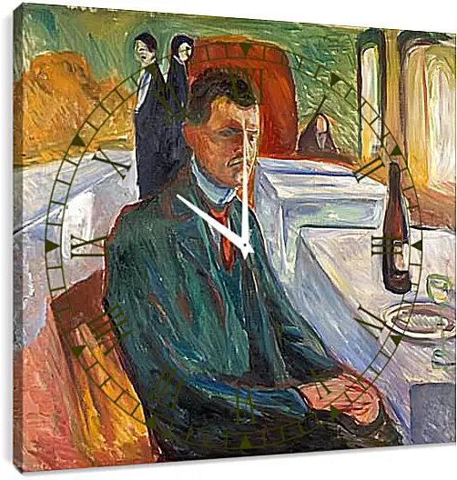 Часы картина - Self-Portrait with a Bottle of Wine. Эдвард Мунк