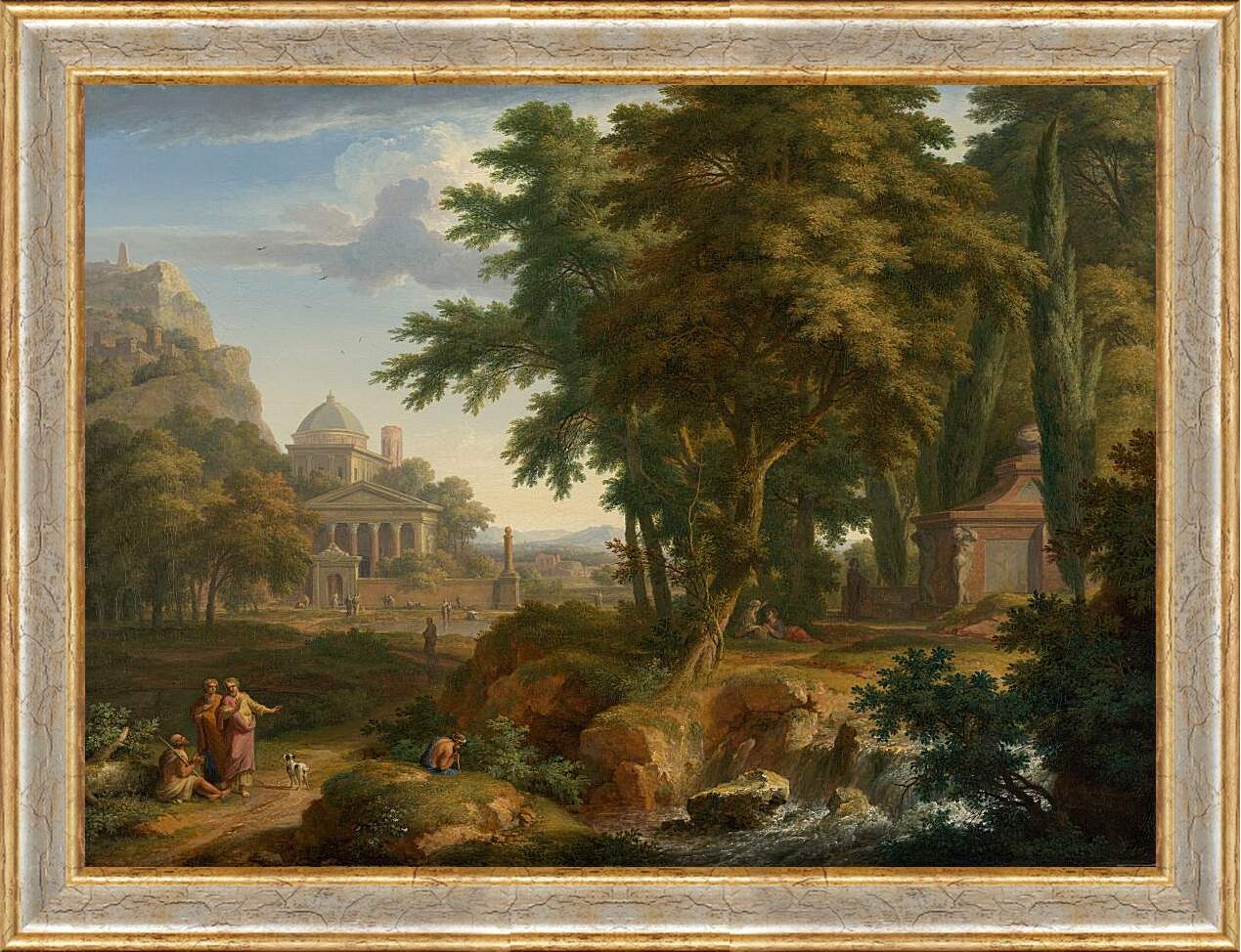 Картина в раме - Аркадский пейзаж со святыми Петром и Иоанном, излечивающими хромого. Ян ван Хёйсум