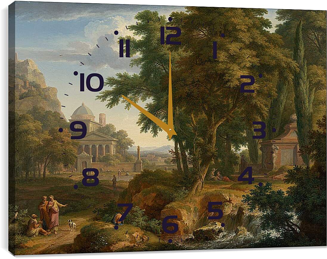 Часы картина - Аркадский пейзаж со святыми Петром и Иоанном, излечивающими хромого. Ян ван Хёйсум