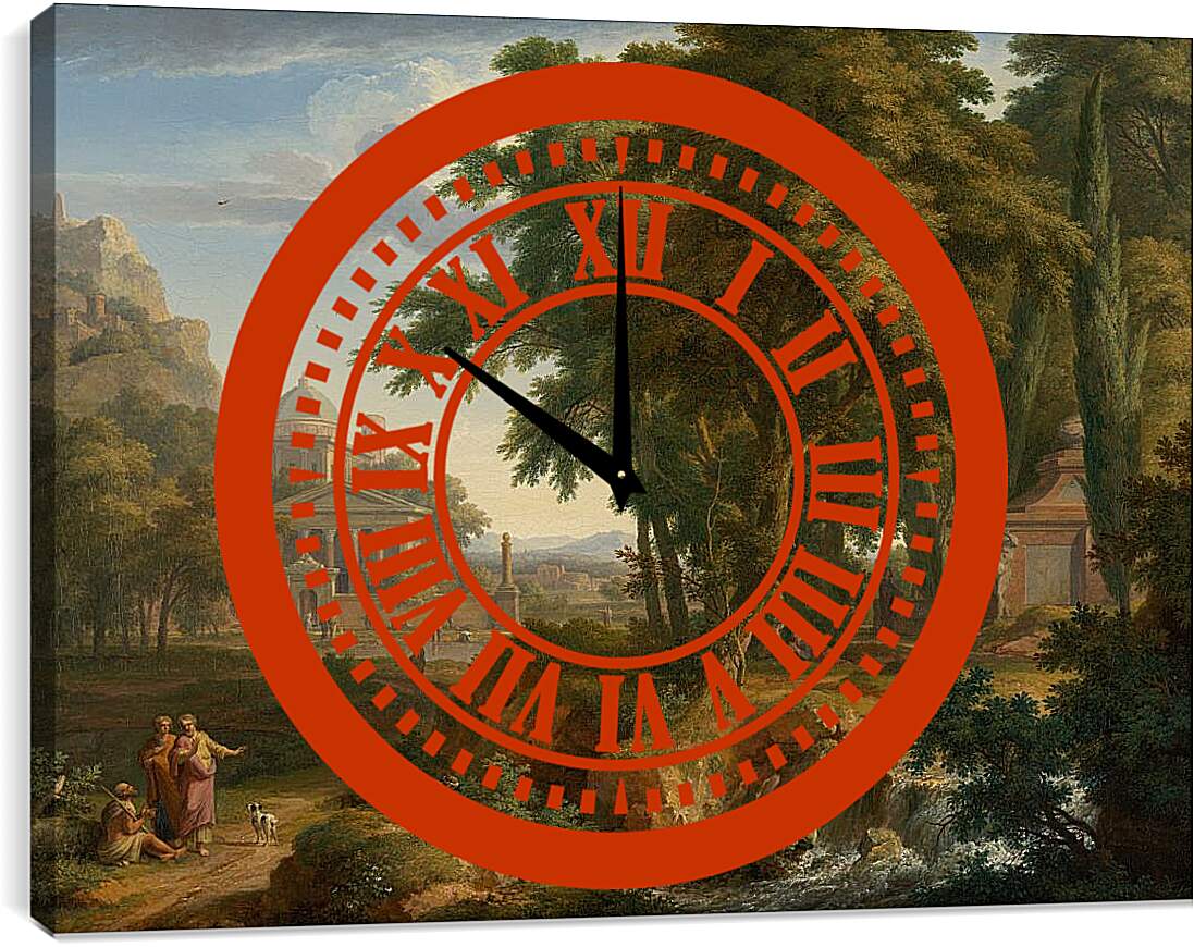 Часы картина - Аркадский пейзаж со святыми Петром и Иоанном, излечивающими хромого. Ян ван Хёйсум
