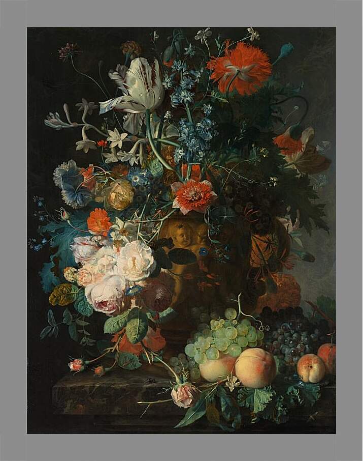 Картина в раме - Букет цветов и фрукты. Ян ван Хёйсум