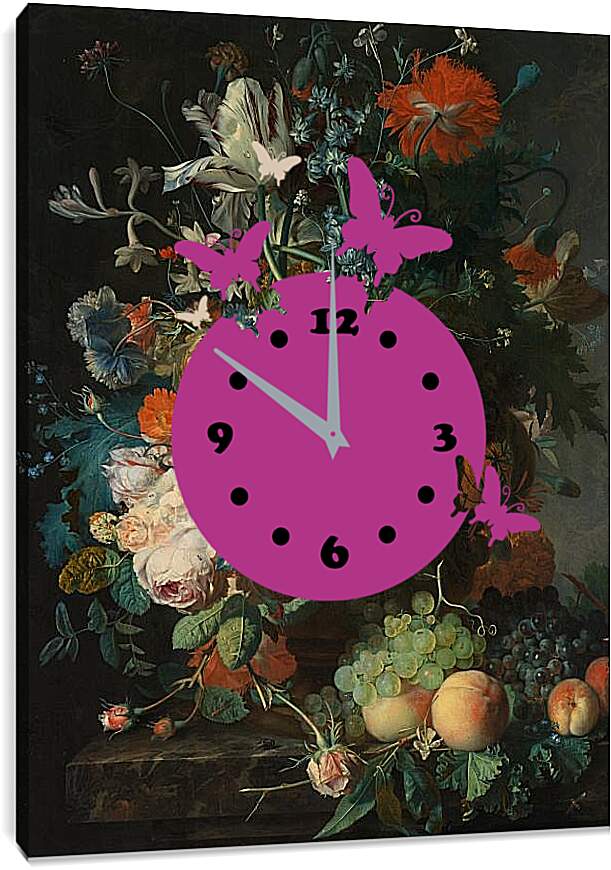 Часы картина - Букет цветов и фрукты. Ян ван Хёйсум
