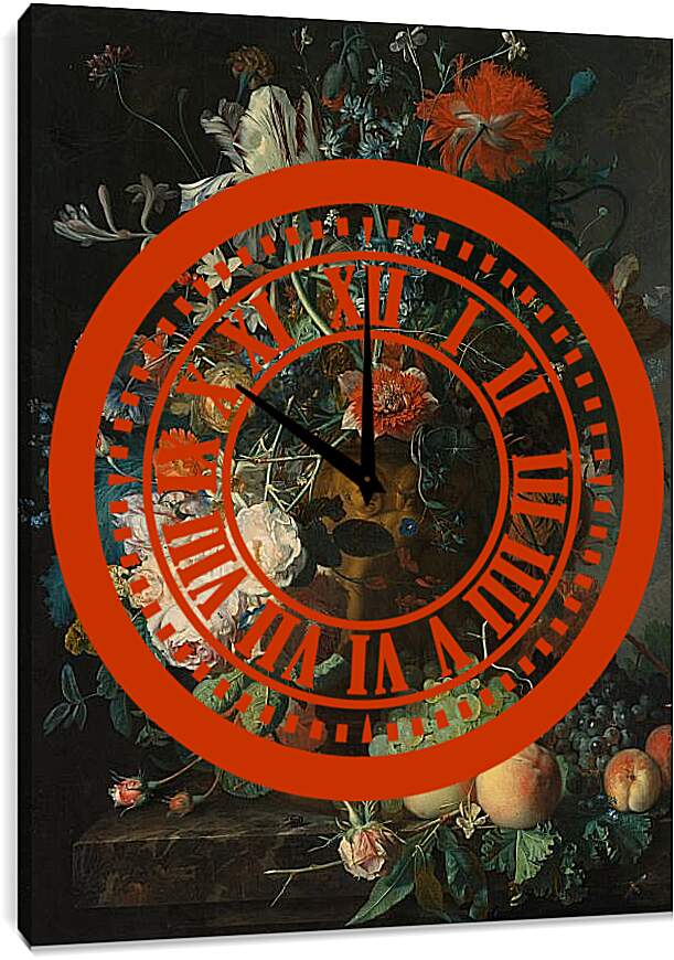 Часы картина - Букет цветов и фрукты. Ян ван Хёйсум