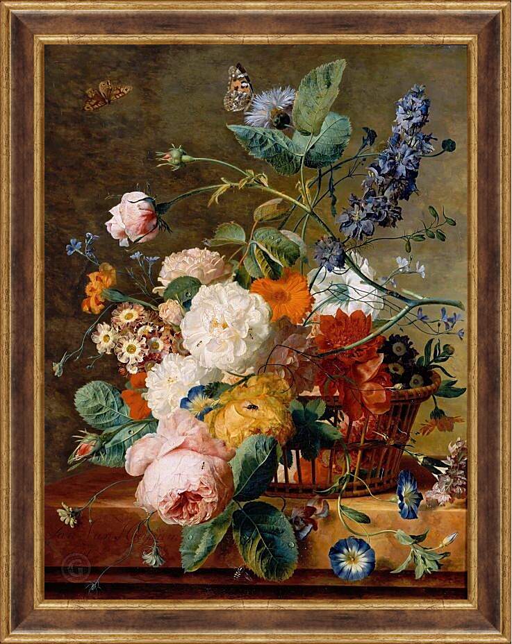 Картина в раме - Корзина с цветами и бабочки. Ян ван Хёйсум