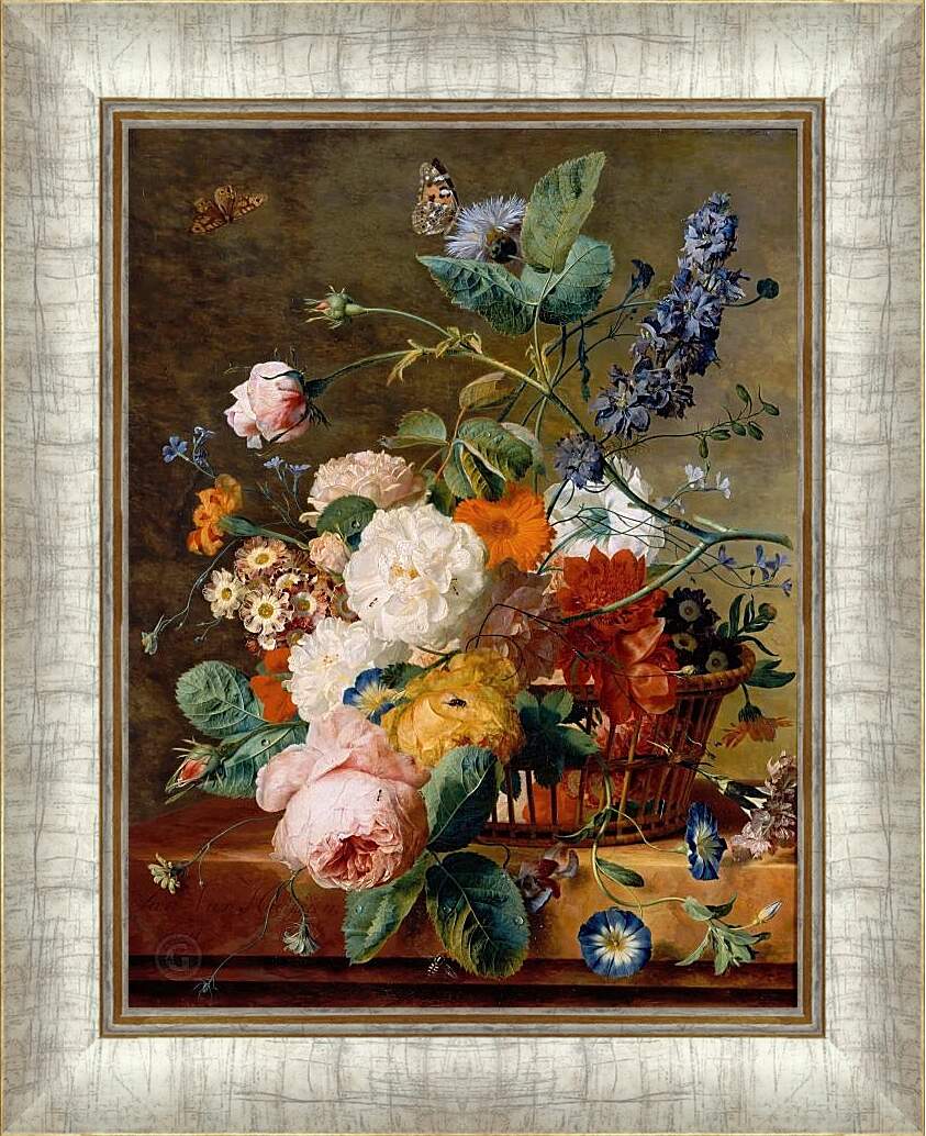 Картина в раме - Корзина с цветами и бабочки. Ян ван Хёйсум