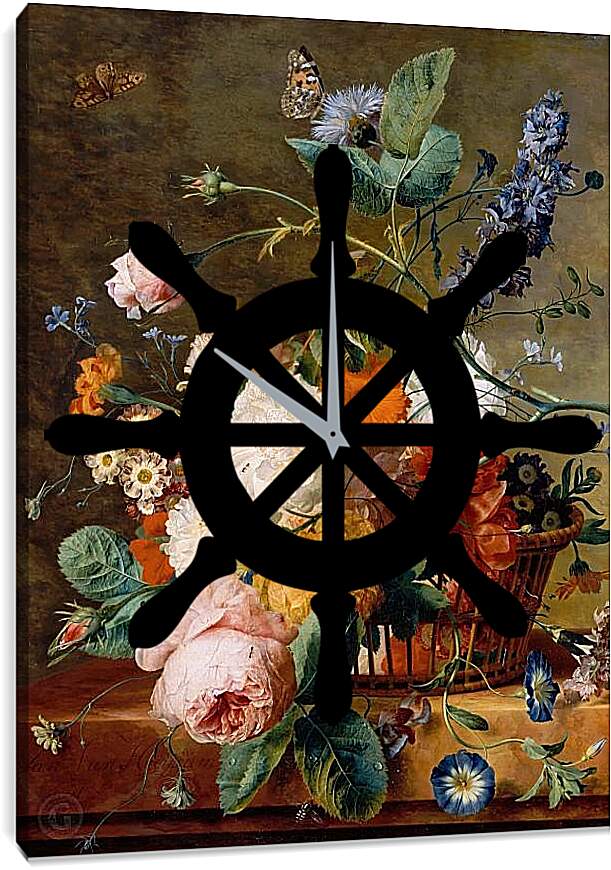 Часы картина - Корзина с цветами и бабочки. Ян ван Хёйсум