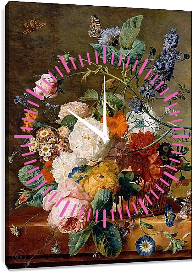 Часы картина - Корзина с цветами и бабочки. Ян ван Хёйсум