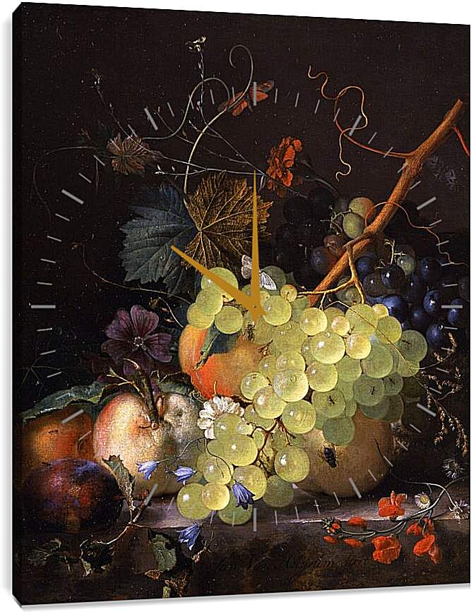 Часы картина - Натюрморт с фруктами и цветами. Ян ван Хёйсум