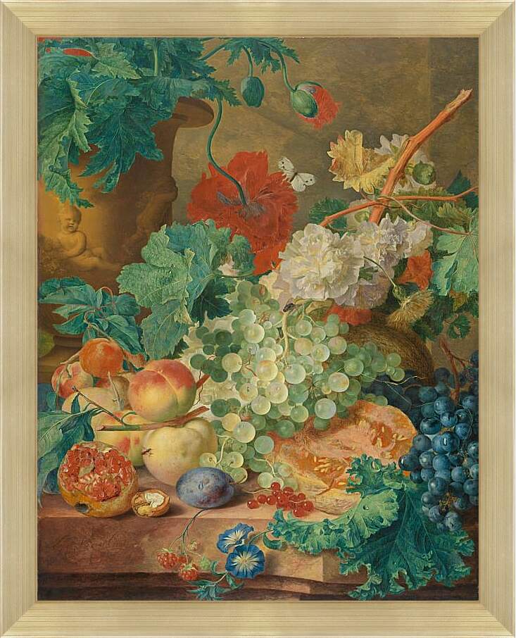 Картина в раме - Натюрморт с цветами и фруктами. Ян ван Хёйсум