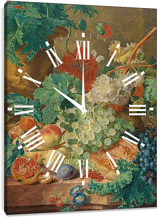 Часы картина - Натюрморт с цветами и фруктами. Ян ван Хёйсум