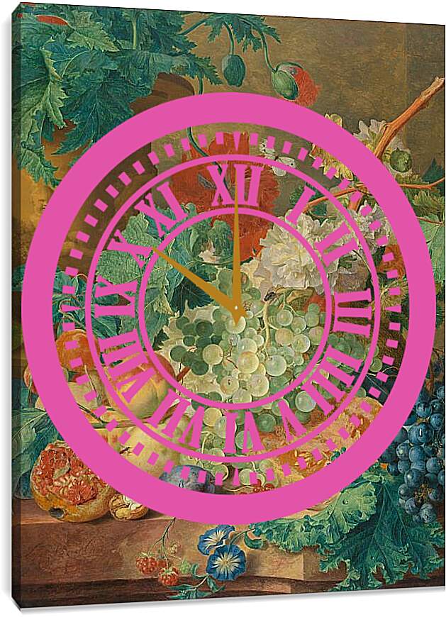 Часы картина - Натюрморт с цветами и фруктами. Ян ван Хёйсум