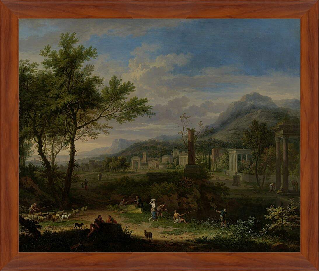 Картина в раме - Пасторальный пейзаж и рыбаки. Ян ван Хёйсум