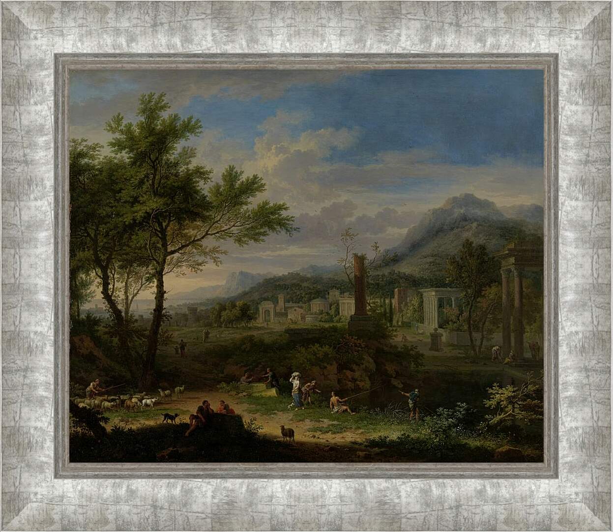 Картина в раме - Пасторальный пейзаж и рыбаки. Ян ван Хёйсум