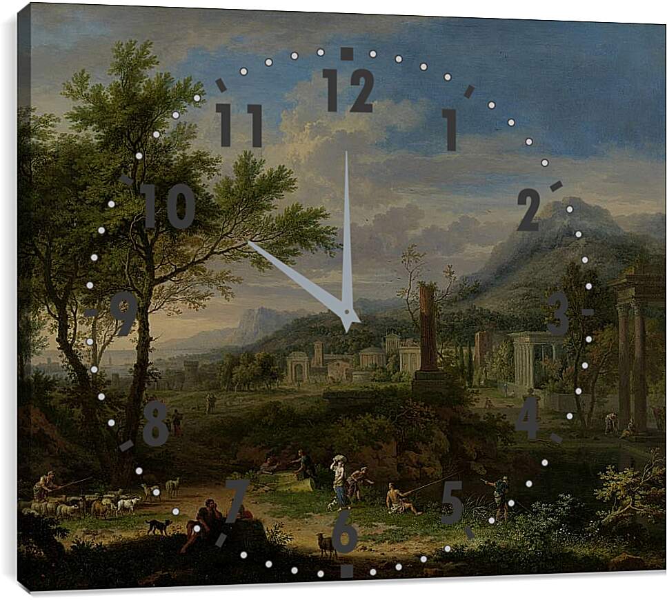 Часы картина - Пасторальный пейзаж и рыбаки. Ян ван Хёйсум