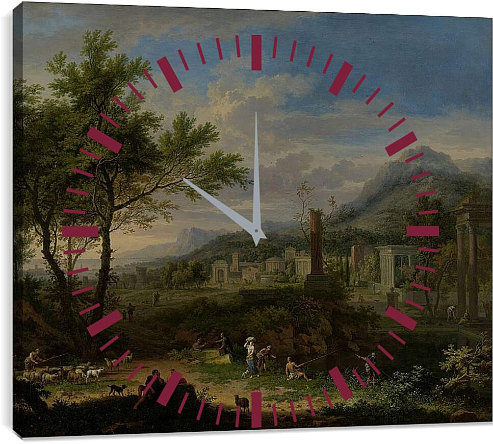 Часы картина - Пасторальный пейзаж и рыбаки. Ян ван Хёйсум