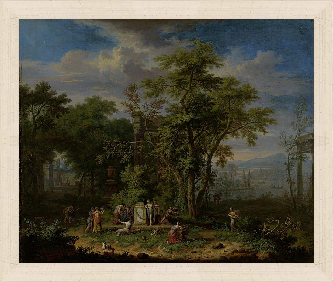 Картина в раме - Праздник жертвоприношений на фоне пасторального пейзажа. Ян ван Хёйсум