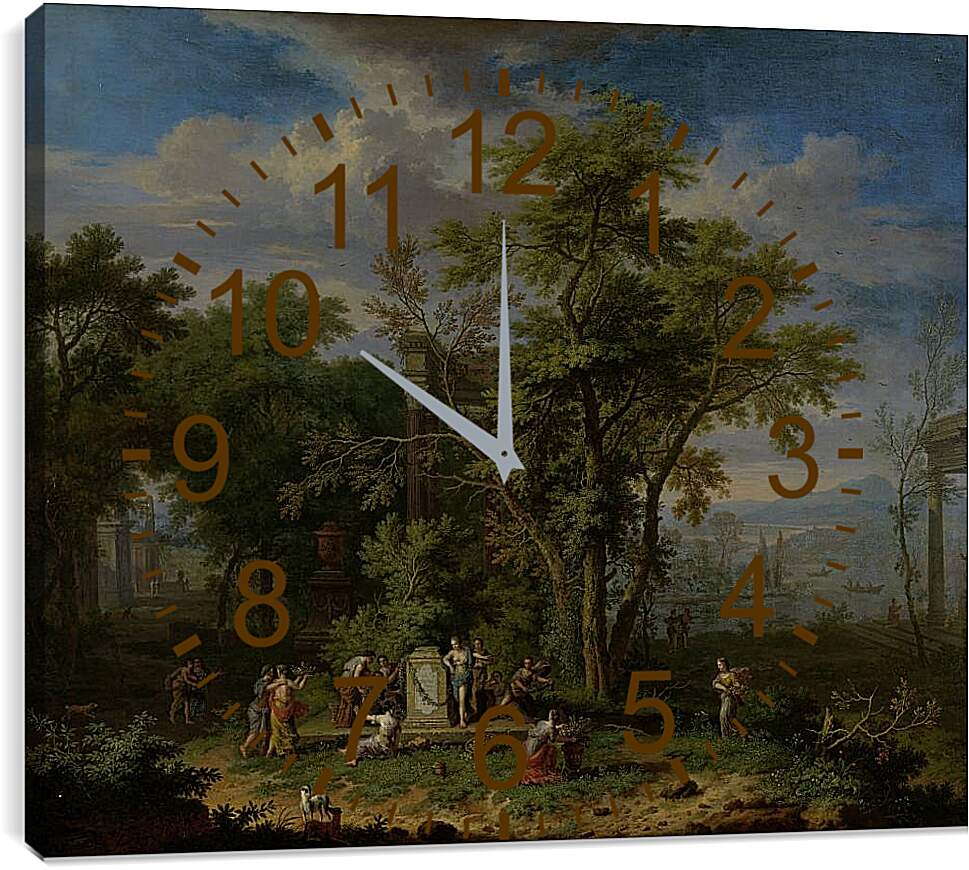 Часы картина - Праздник жертвоприношений на фоне пасторального пейзажа. Ян ван Хёйсум