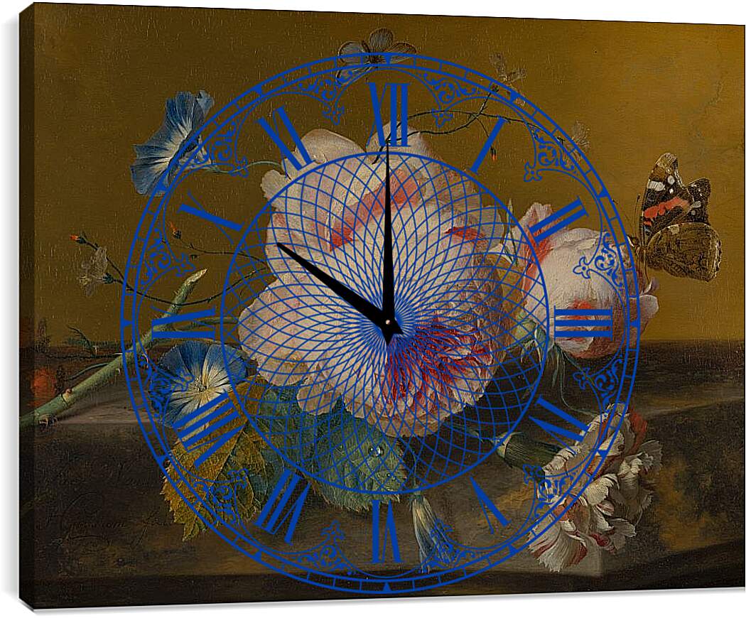 Часы картина - Цветочный натюрморт и бабочки. Ян ван Хёйсум