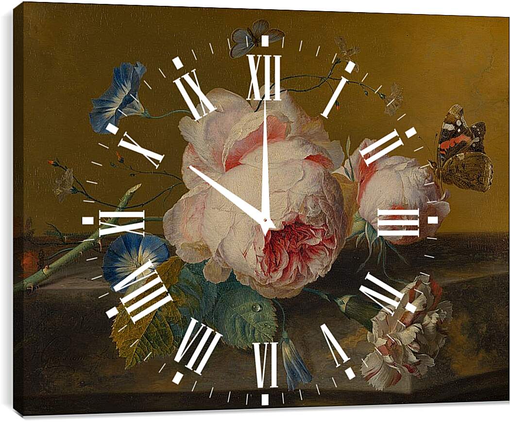 Часы картина - Цветочный натюрморт и бабочки. Ян ван Хёйсум