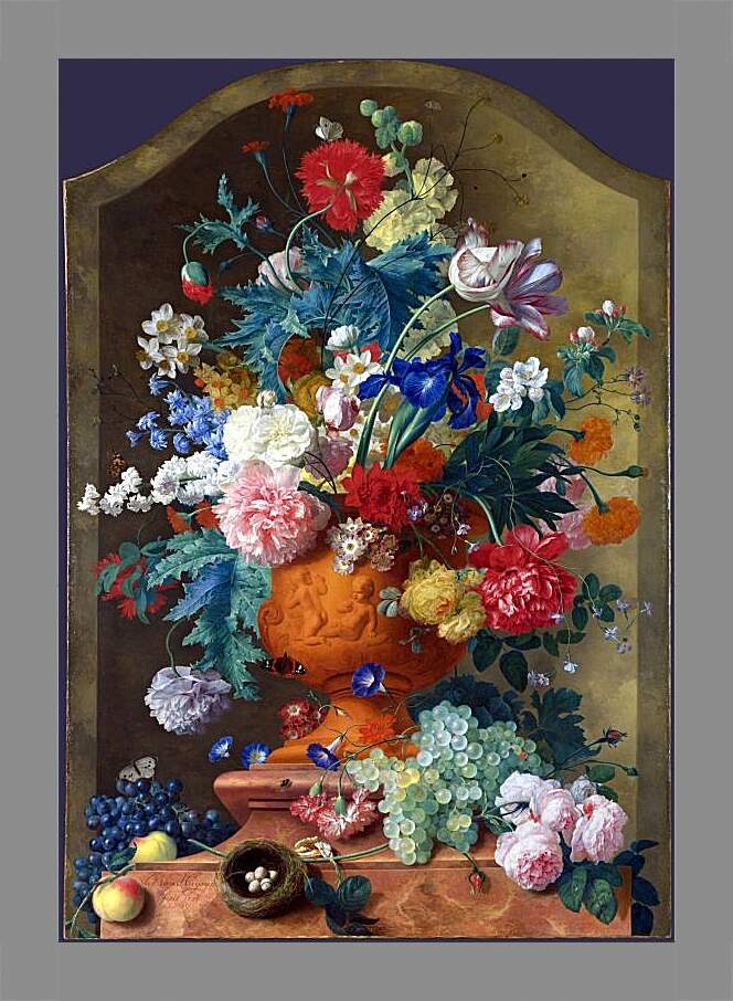 Картина в раме - Цветы в терракотовой вазе. Ян ван Хёйсум